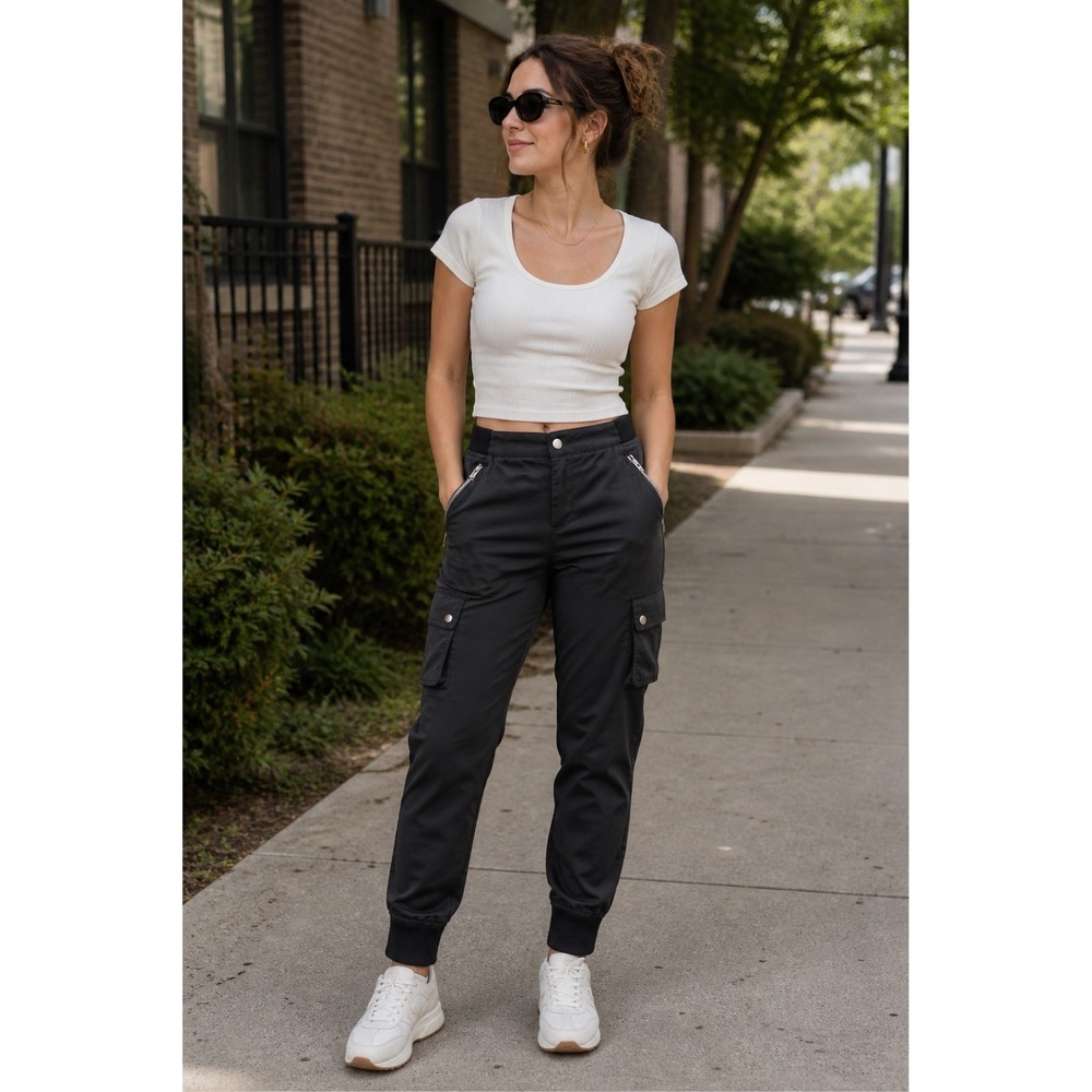 T by Alexander Wang Cargo Jogger Pants Dark Gray Knit Waist Zipper Cuff S Ff24